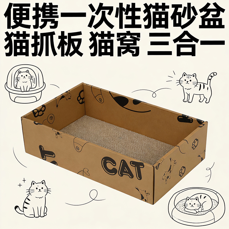 3-in-1 Disposable Cardboard Cat Litter Box