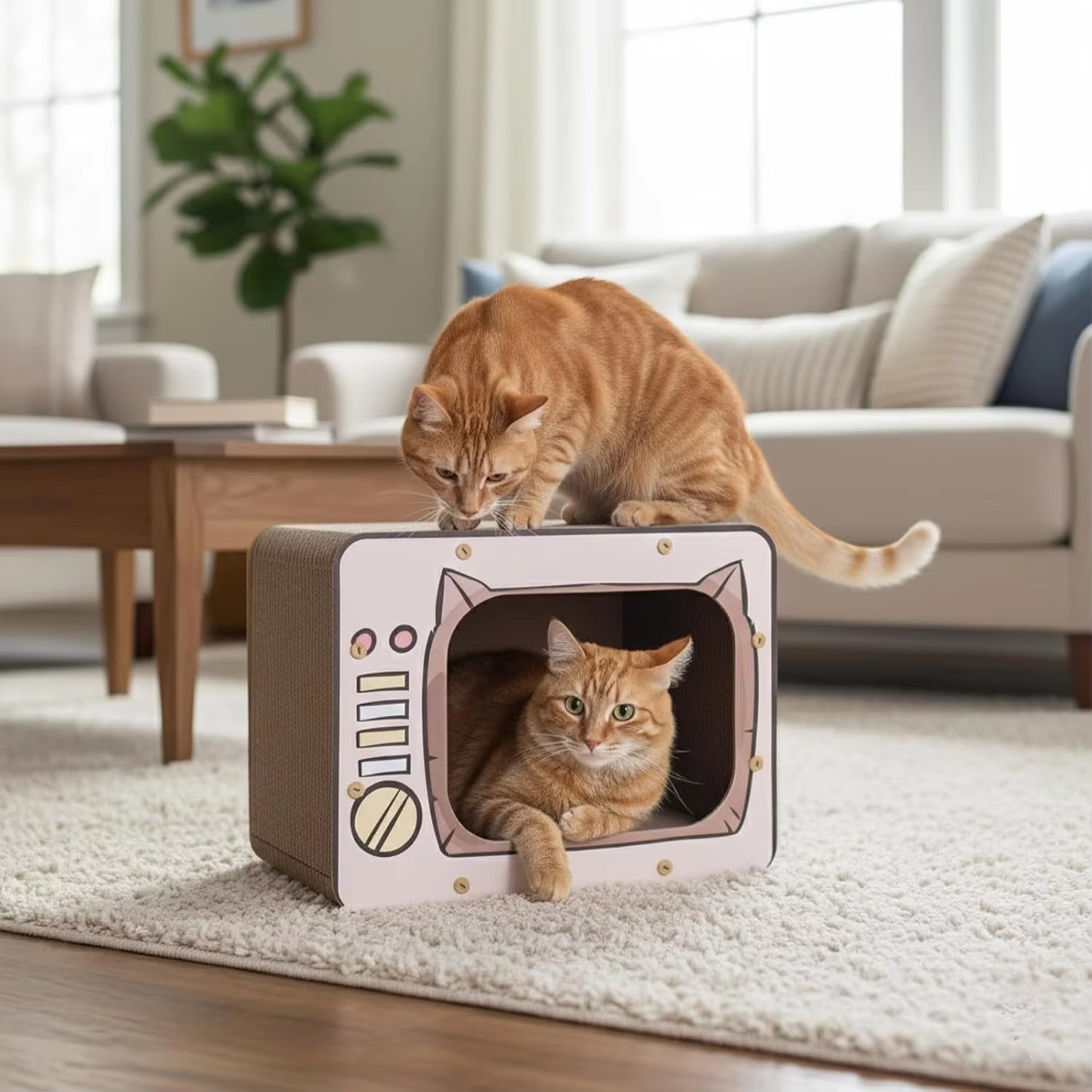 Cute Retro Pink TV Cat Scratcher House