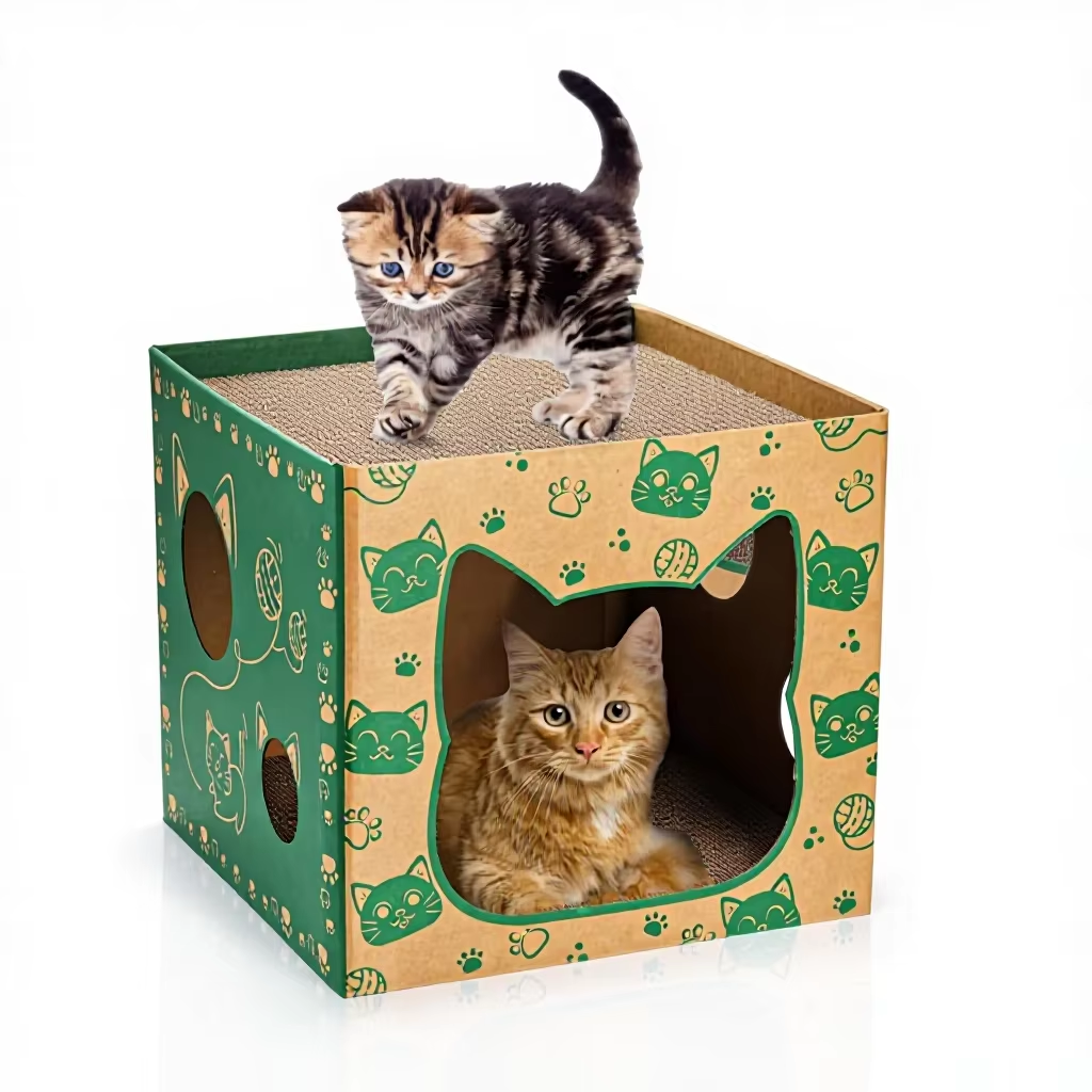 Green Cat-Print Cube Cat House & Scratcher