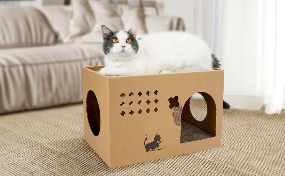 Spacious Kraft Cube Cat House & Scratcher