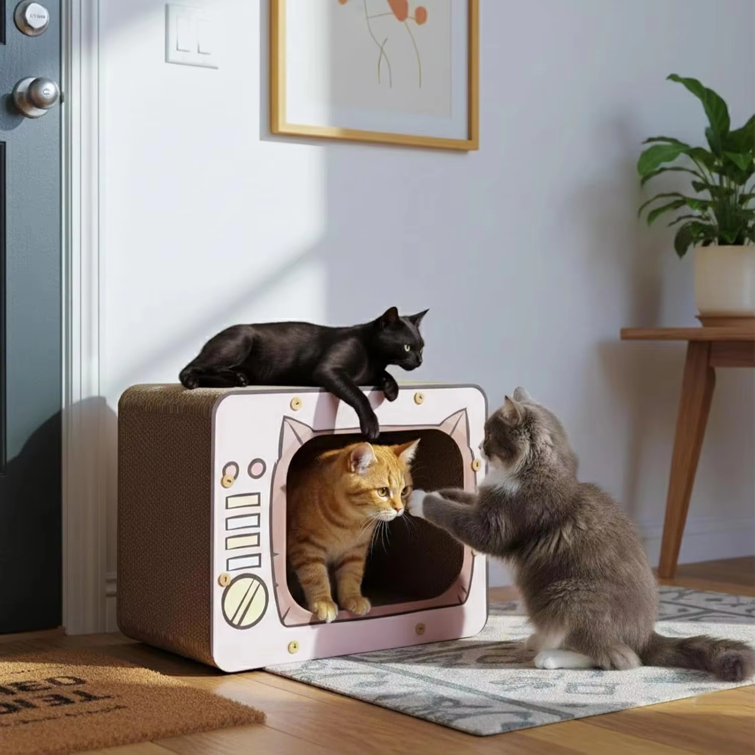 Cute Retro Pink TV Cat Scratcher House