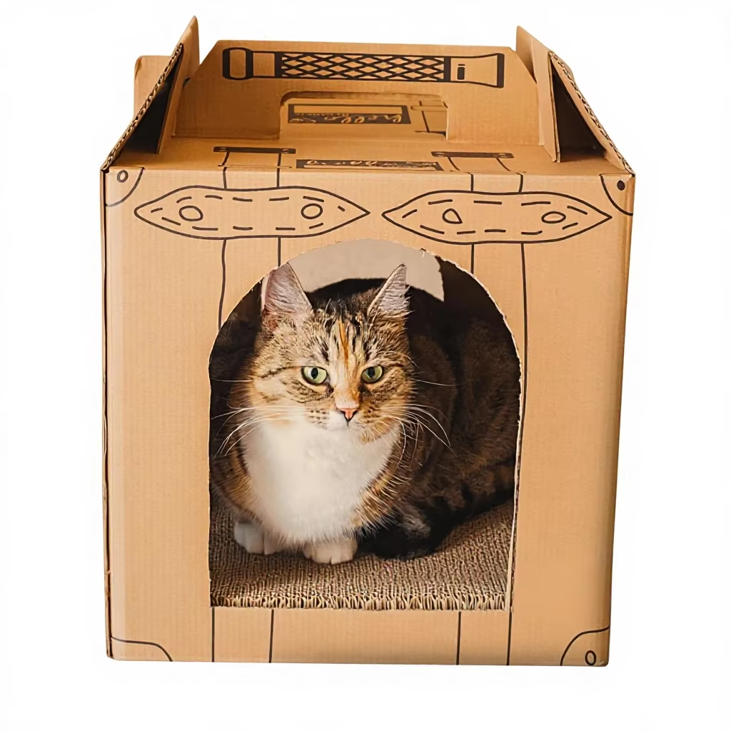 Rustic Cardboard Cat Carrier & House