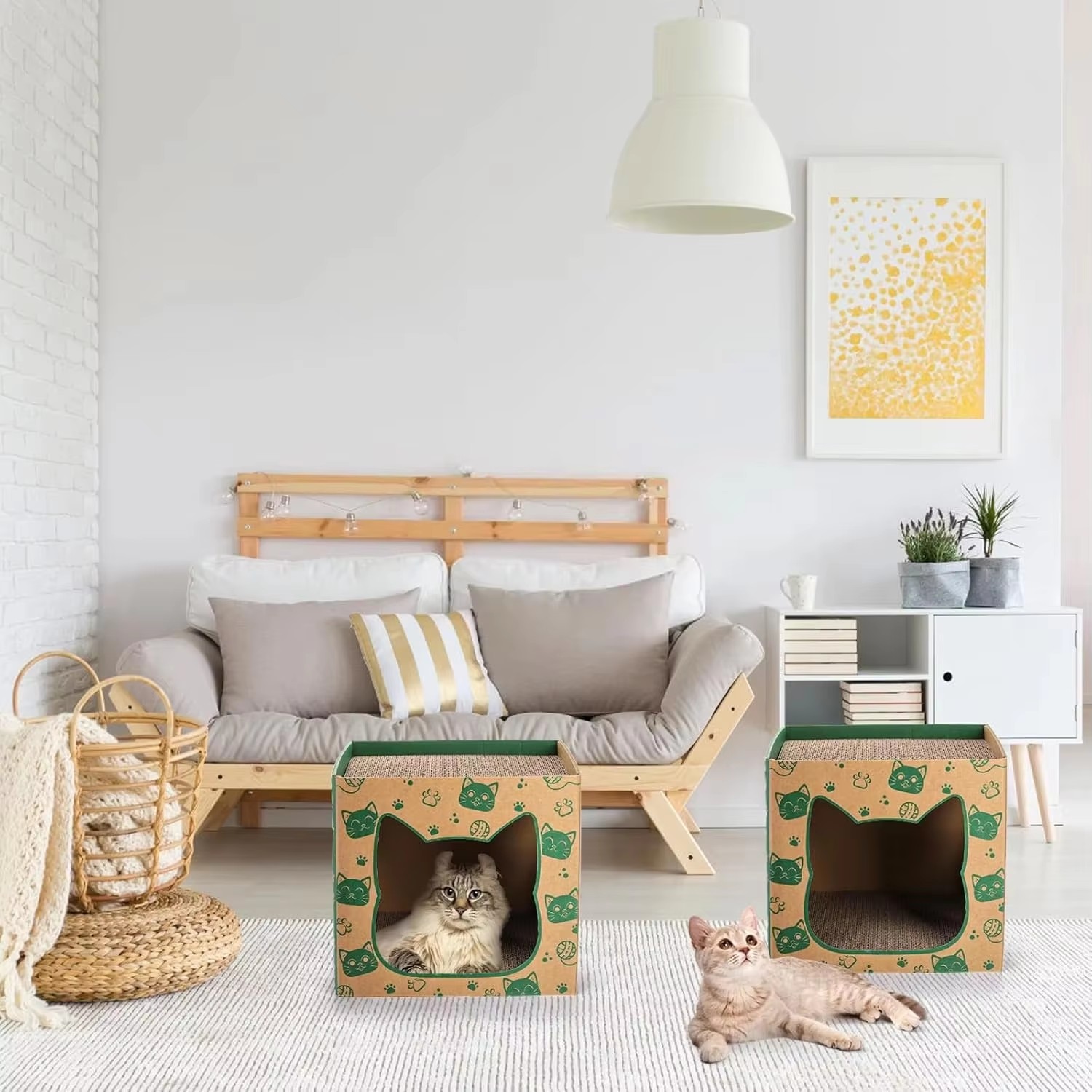 Green Cat-Print Cube Cat House & Scratcher