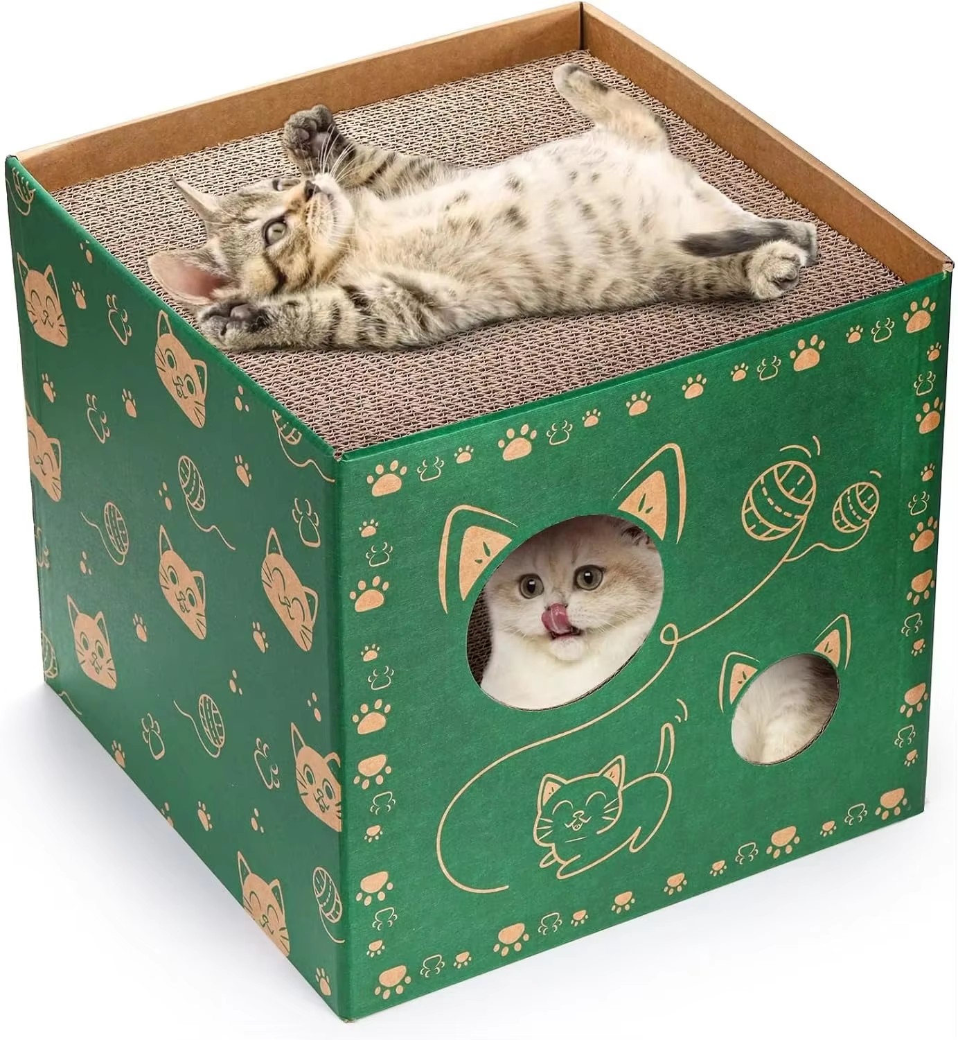 Green Cat-Print Cube Cat House & Scratcher