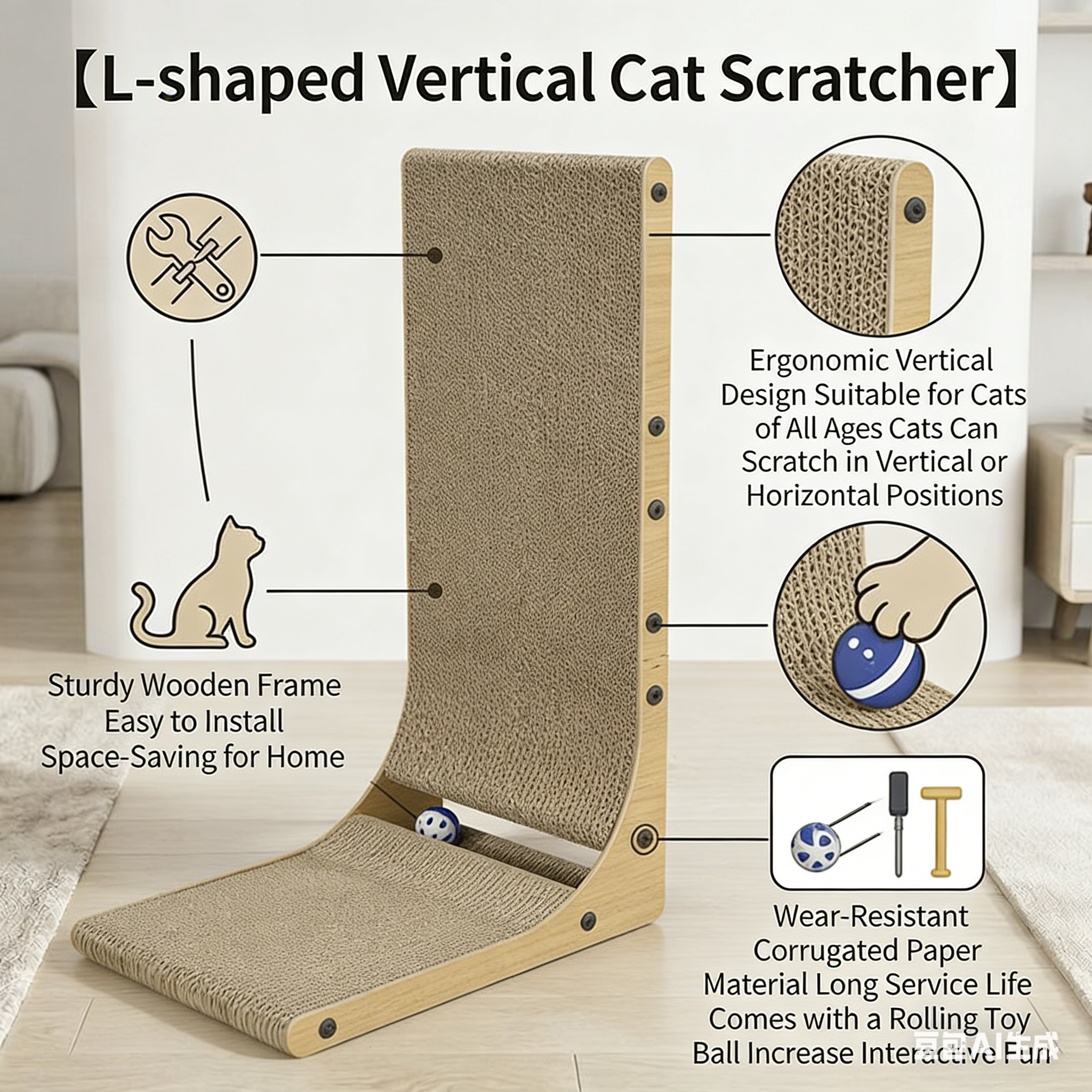 L-Shaped Wooden Frame Vertical Cat Scratcher Lounge L-Shaped Wooden Frame Vertical Cat Scratcher Lounge