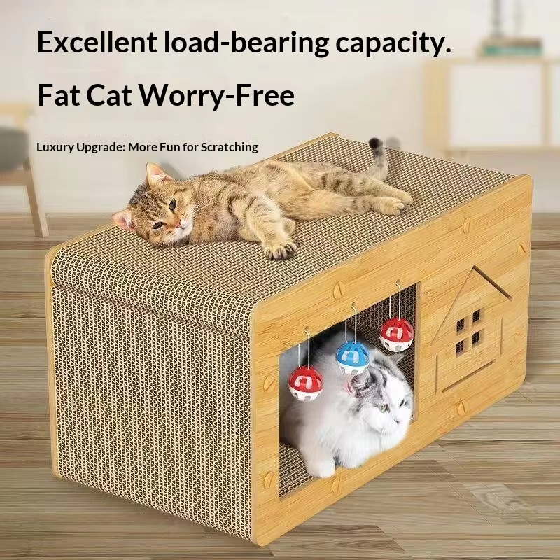 Wood-Grain Cat Play Fort & Scratching Pad