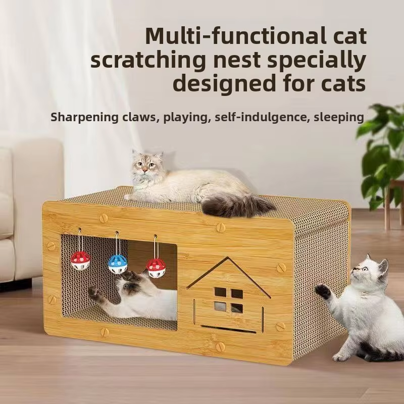 Wood-Grain Cat Play Fort & Scratching Pad